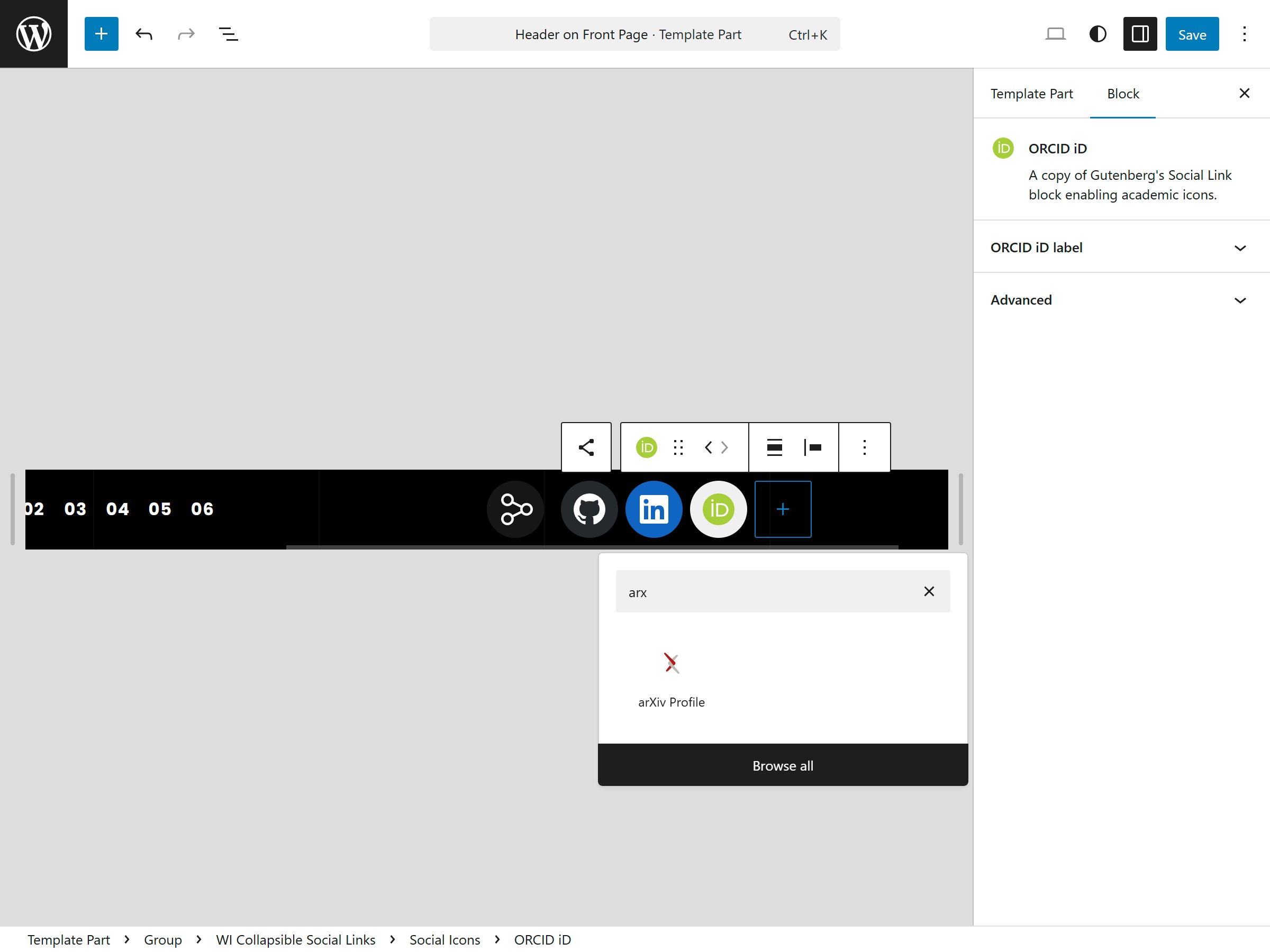 Screenshot of Gutenberg editor showing Academic Social Link block with ORCiD and arXiv icons.