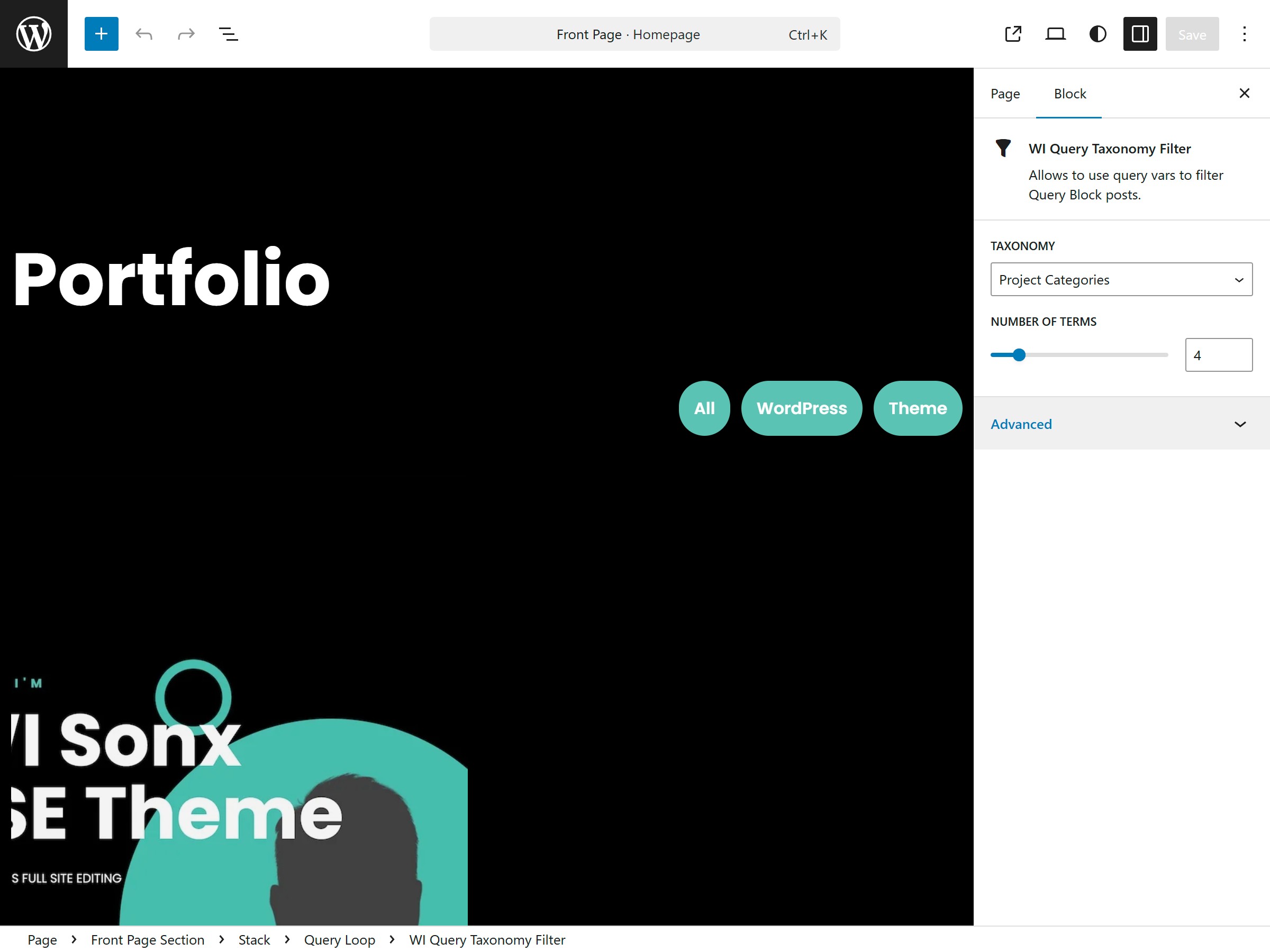 Screenshot of Gutenberg editor sidebar showing block settings for taxonomy filter.