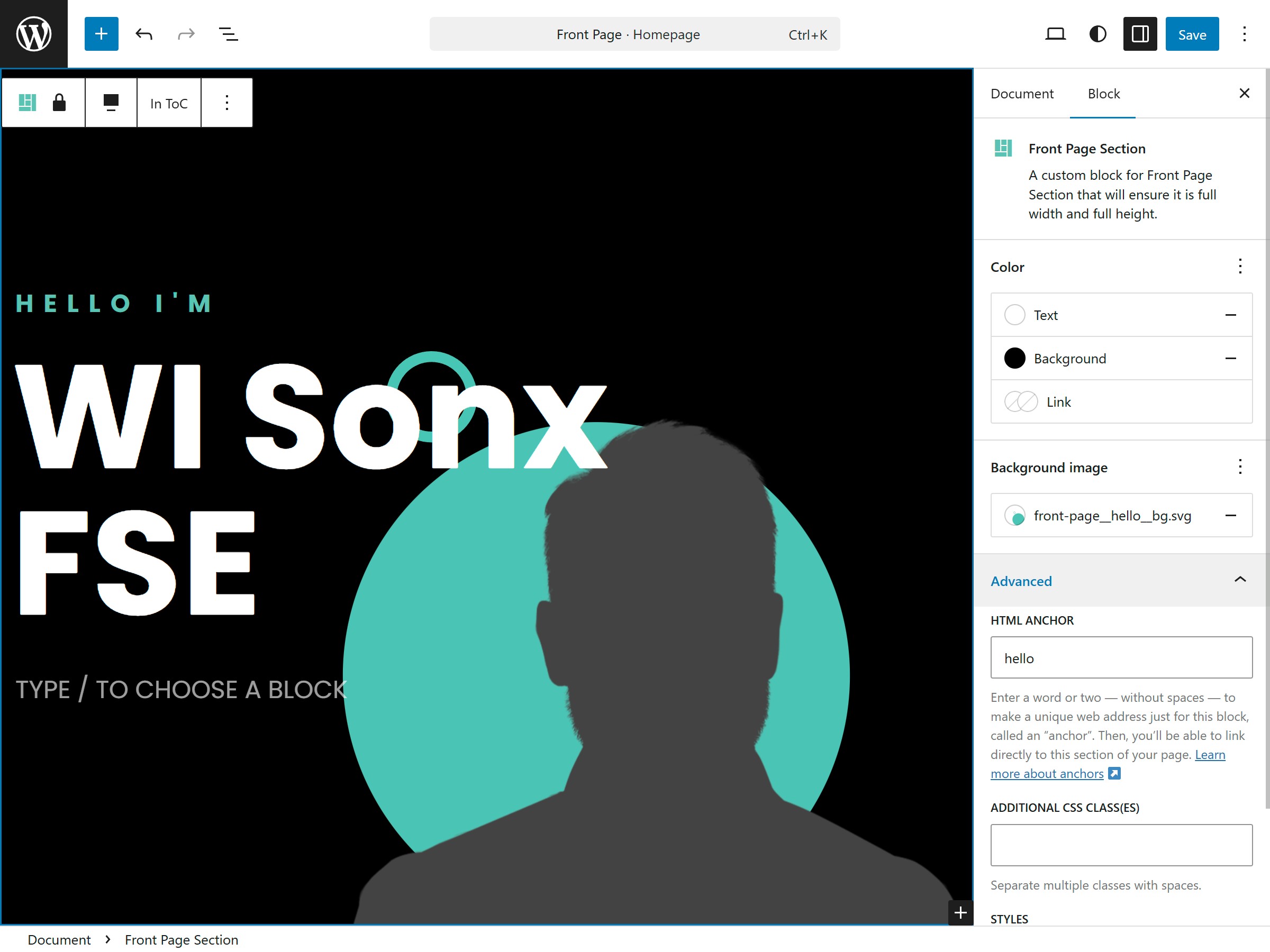 Screenshot of Gutenberg editor showing Front Page Section block in layout.
